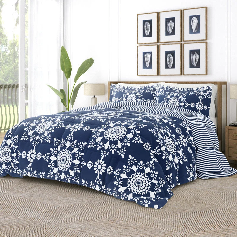 Daisy Medallion Navy Reversible Pattern Comforter Set Down-Alternative Ultra Soft Microfiber Bedding, Full/Queen