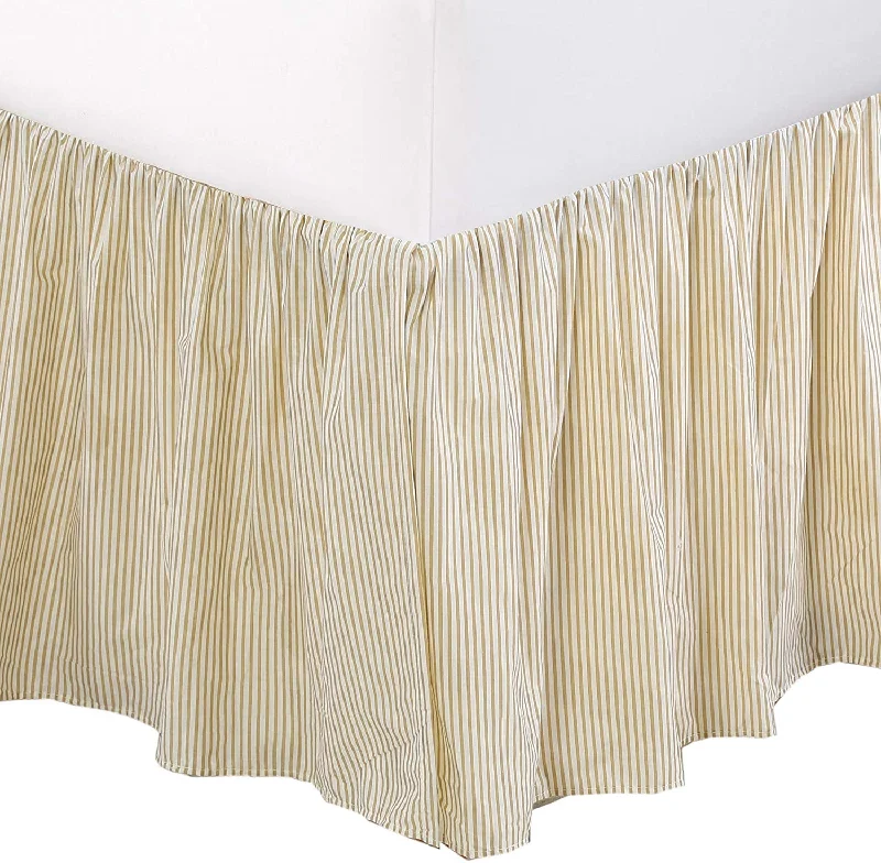 Tailored Bed Skirt Farmhouse Ticking Cream Yellow Caramel Cotton Striped Ruffled Dust Ruffle,  16" Drop