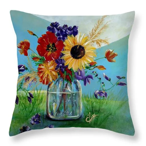 Flowers In A Mason Jar - Throw Pillow