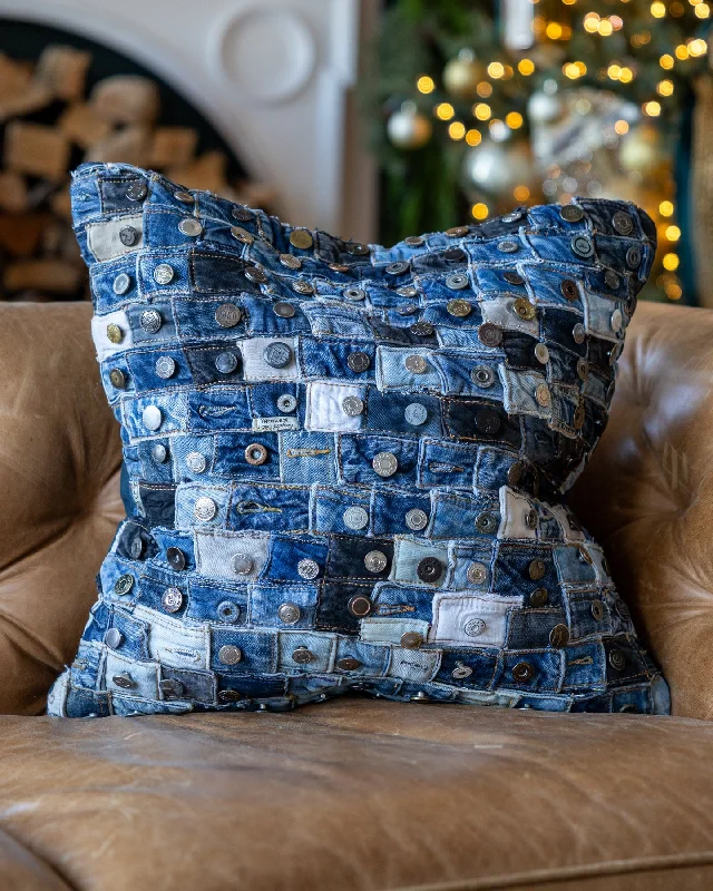 Indigo Recycled Denim Button Throw Pillow