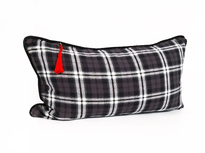 14" x 26" Lumbar Cover in Black & Brown Plaid with Black Velvet