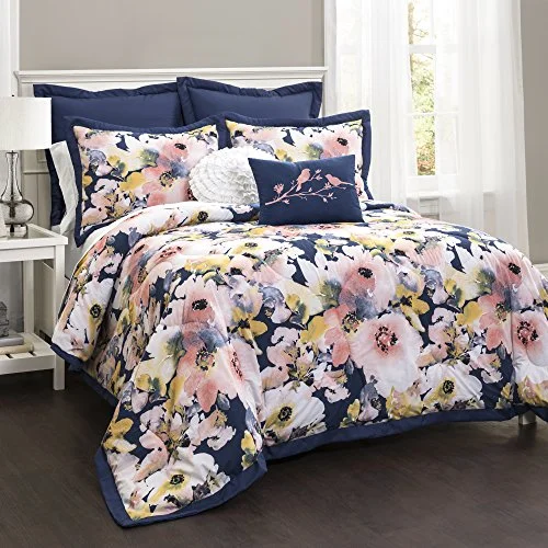 Lush Decor 16T000748 Floral Watercolor 7Piece Comforter Set, Full/Queen, Blue: Home & Kitchen