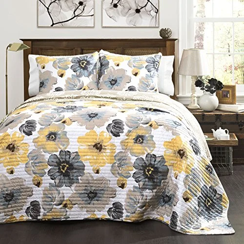 Lush Decor Leah Quilt Floral Yellow and Gray 3 Piece Reversible King Yellow & Gray: Home & Kitchen