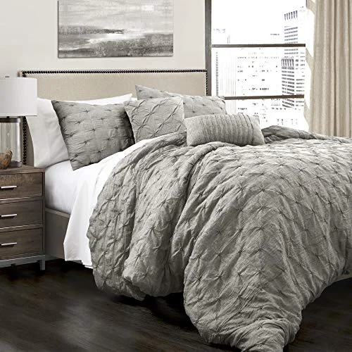 Lush Decor Ravello Shabby Chic Style Pintuck Gray 5 Piece Comforter Set with Pillow Shams King: Home & Kitchen