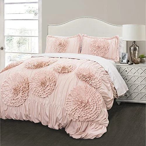 Lush Decor Serena Comforter Pink Blush Ruched Flower 3 Piece Set - King: Home & Kitchen