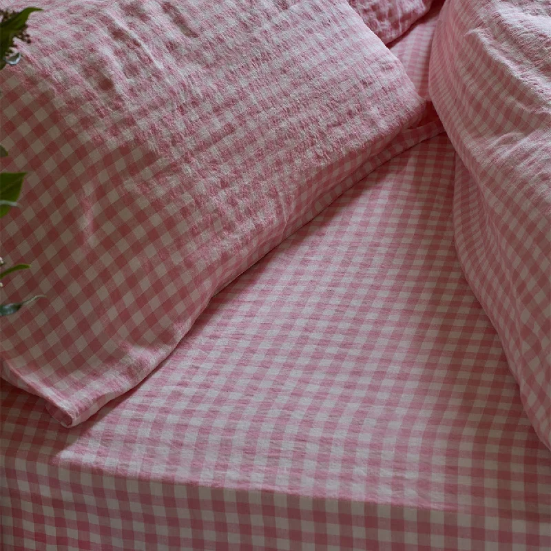 Pink Bloom Gingham 100% Linen Fitted Sheet