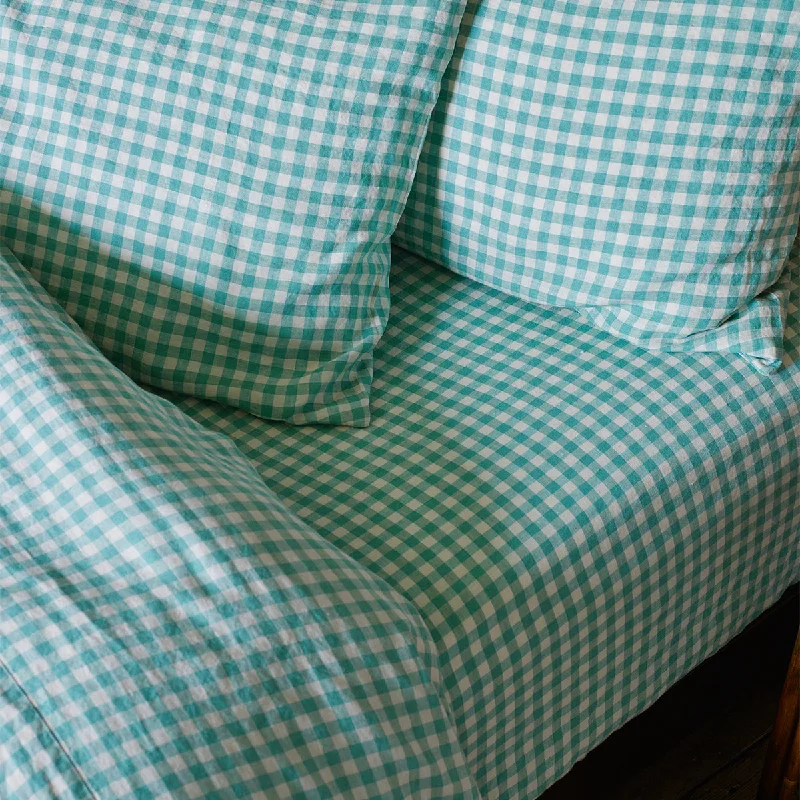 Pistachio Gingham 100% Linen Fitted Sheet